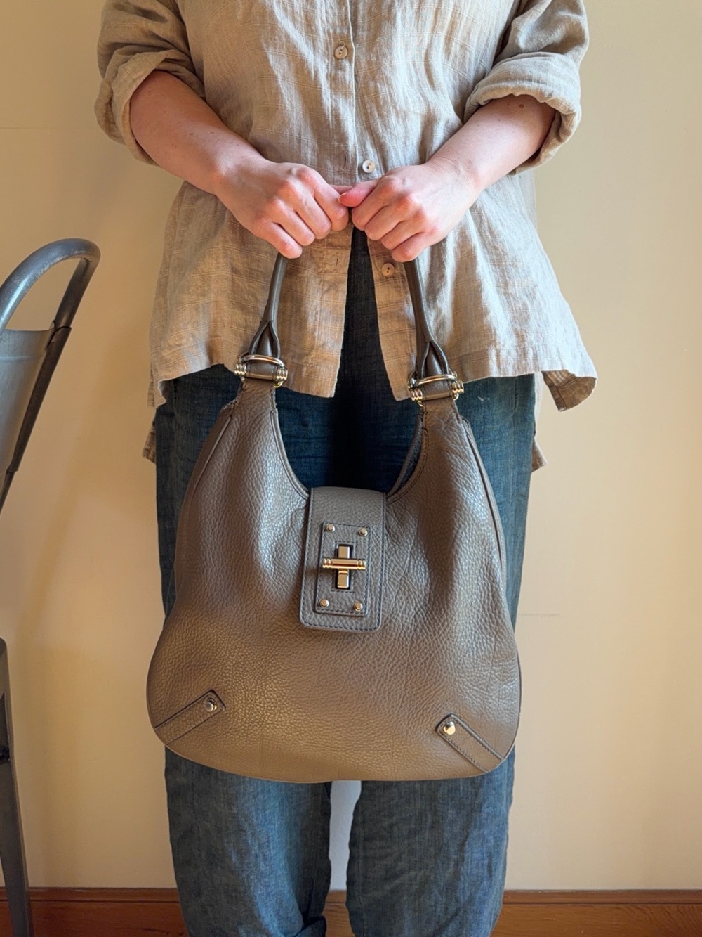 Banana Republic - Pebbled Gray Leather Hobo Shoulder Bag with Hardware